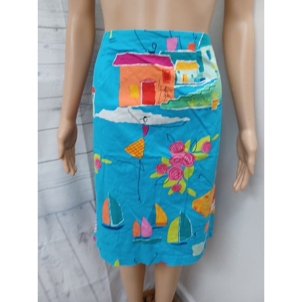 Elizabeth Dalton Pencil Skirt Aqua French Riviera Print Boats Sz 10